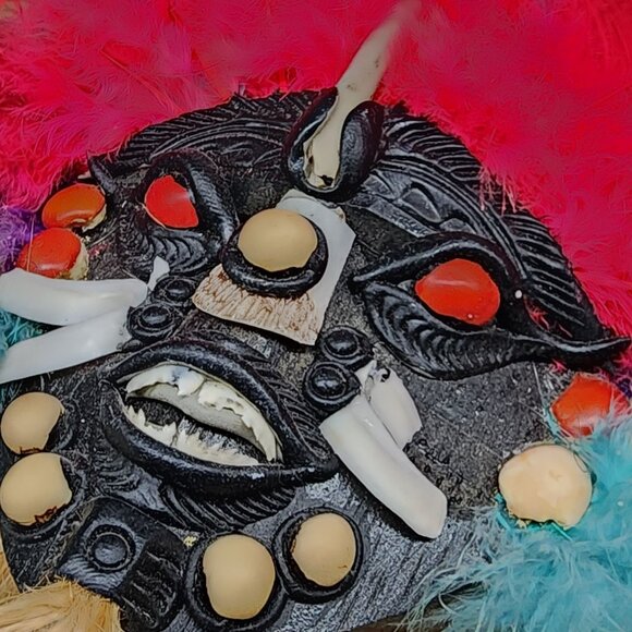 Handmade Tribal Brazil Mask With Colorful Feathers & Natural Fiber Tassels - Picture 3 of 8